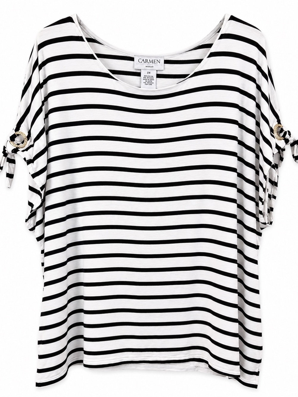 Carmen Marc Valvo Black and White Striped Short Sleeve Top Womens 2X
